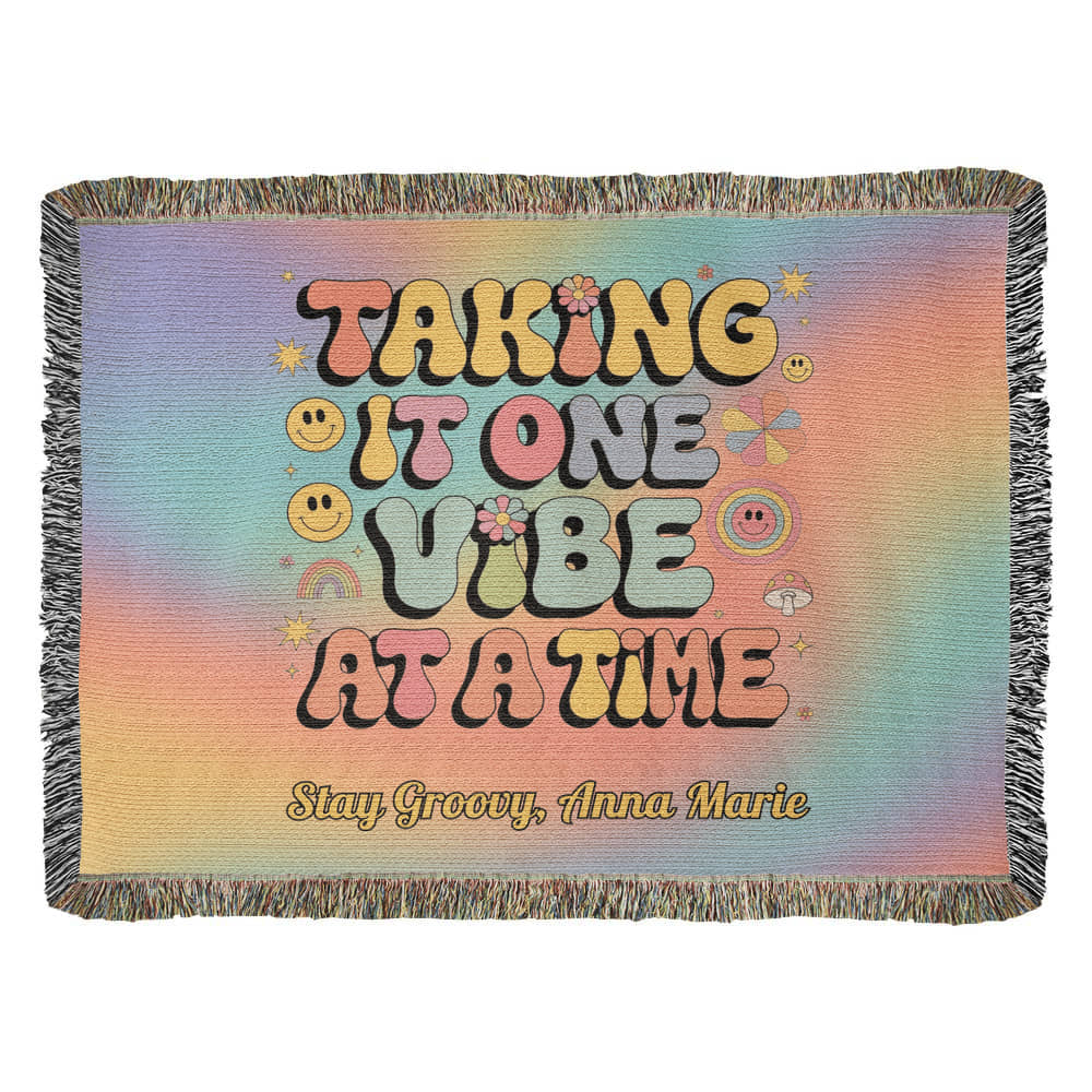 Taking It One Vibe at a Time personalized woven therapy blanket with retro mental health support message
