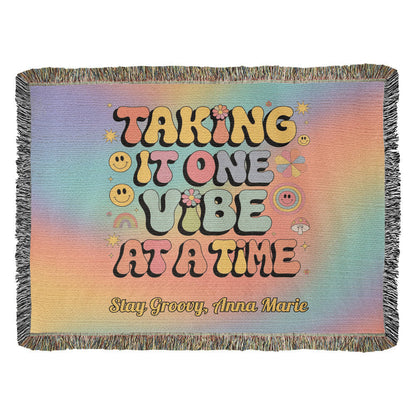 Taking It One Vibe at a Time personalized woven therapy blanket with retro mental health support message