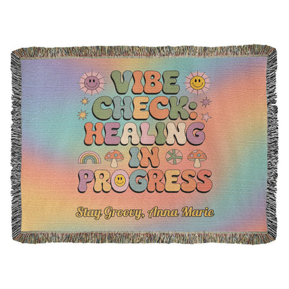 Vibe Check Healing in Progress woven blanket with mental health affirmation and custom name area