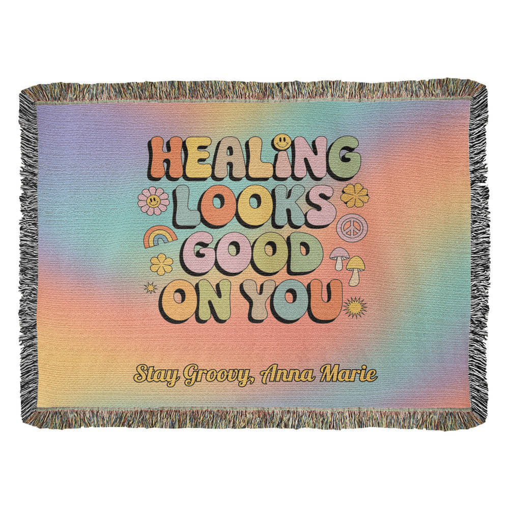 Healing Looks Good on You woven throw blanket with custom personalization and bold retro mental health design