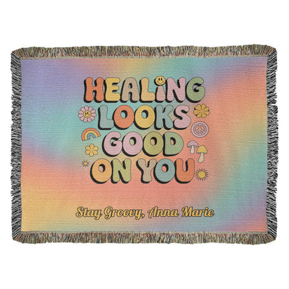Healing Looks Good on You woven throw blanket with custom personalization and bold retro mental health design