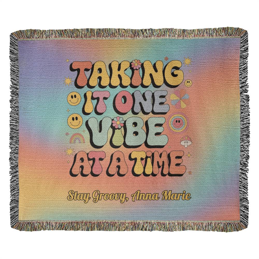 Taking It One Vibe at a Time personalized woven therapy blanket with retro mental health support message