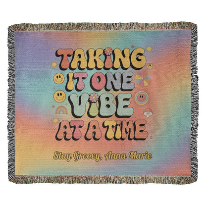 Taking It One Vibe at a Time personalized woven therapy blanket with retro mental health support message