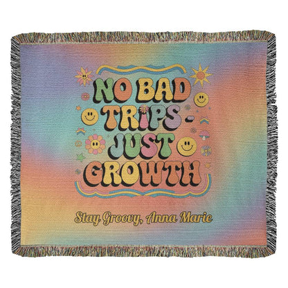 No Bad Trips Just Growth retro affirmation woven blanket personalized for therapy and burnout recovery