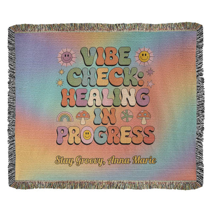 Vibe Check Healing in Progress woven blanket with mental health affirmation and custom name area