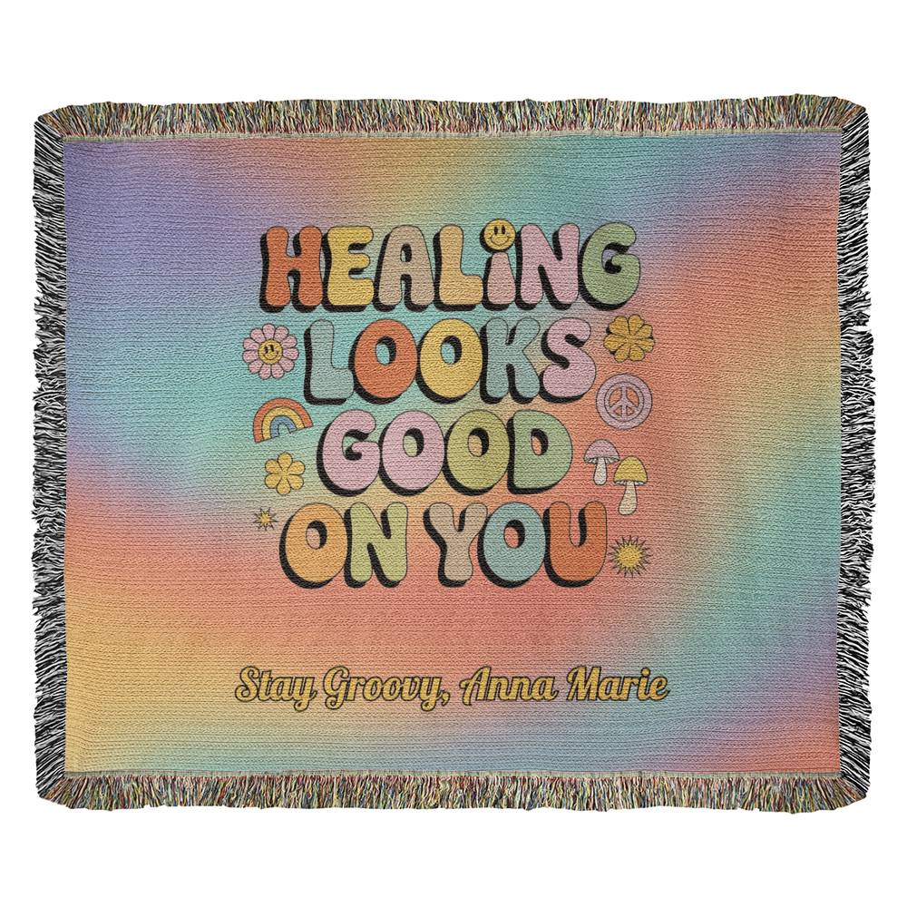 Healing Looks Good on You woven throw blanket with custom personalization and bold retro mental health design