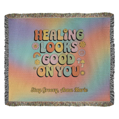 Healing Looks Good on You woven throw blanket with custom personalization and bold retro mental health design
