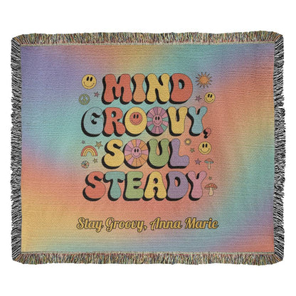 Mind Groovy, Soul Steady personalized woven blanket, retro mental health throw for comfort & calm - MySisterIsASurvivor