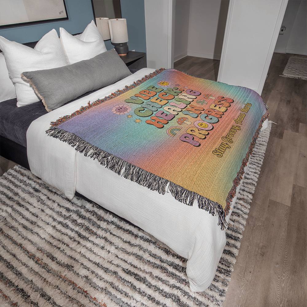 Vibe Check Healing in Progress woven blanket with mental health affirmation and custom name area