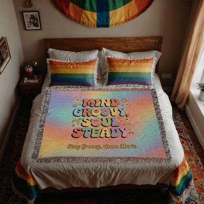 Mind Groovy, Soul Steady personalized woven blanket, retro mental health throw for comfort & calm - MySisterIsASurvivor
