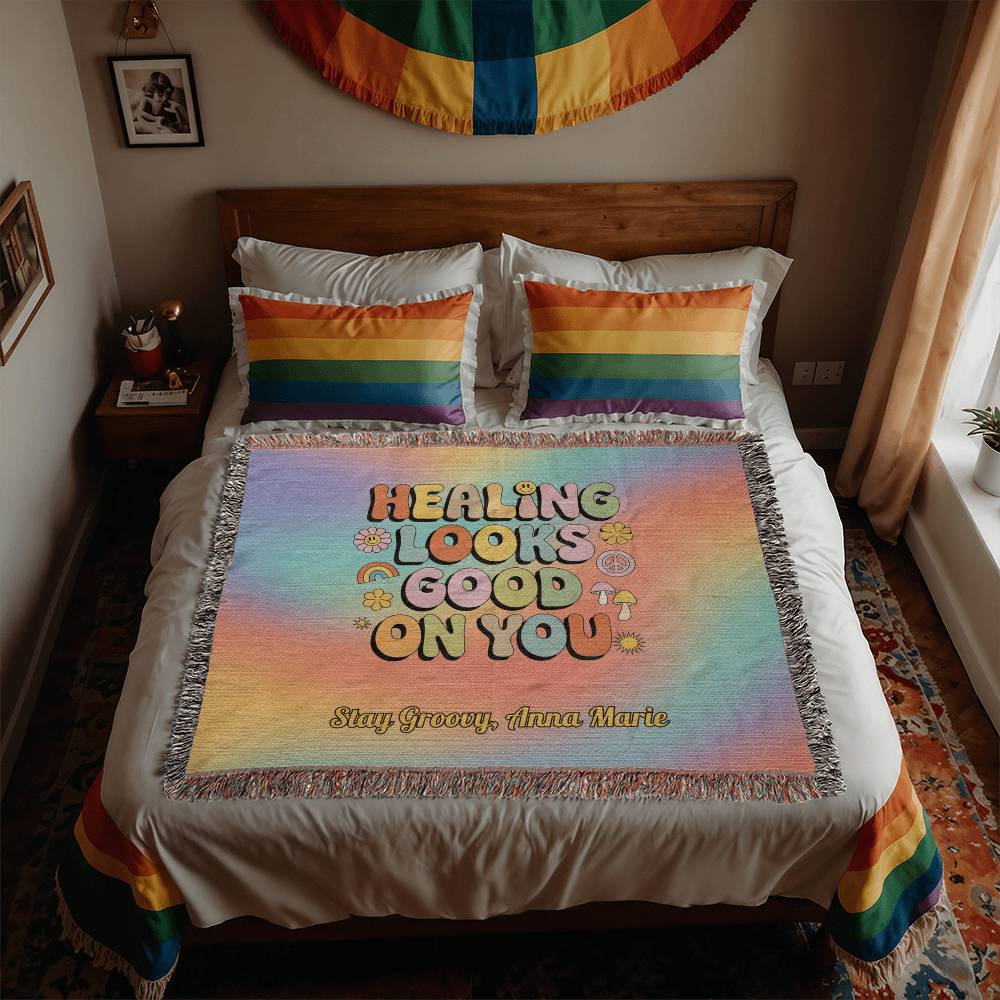 Healing Looks Good on You woven throw blanket with custom personalization and bold retro mental health design