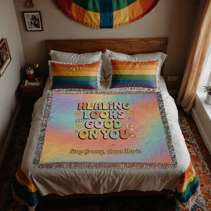 Healing Looks Good on You woven throw blanket with custom personalization and bold retro mental health design