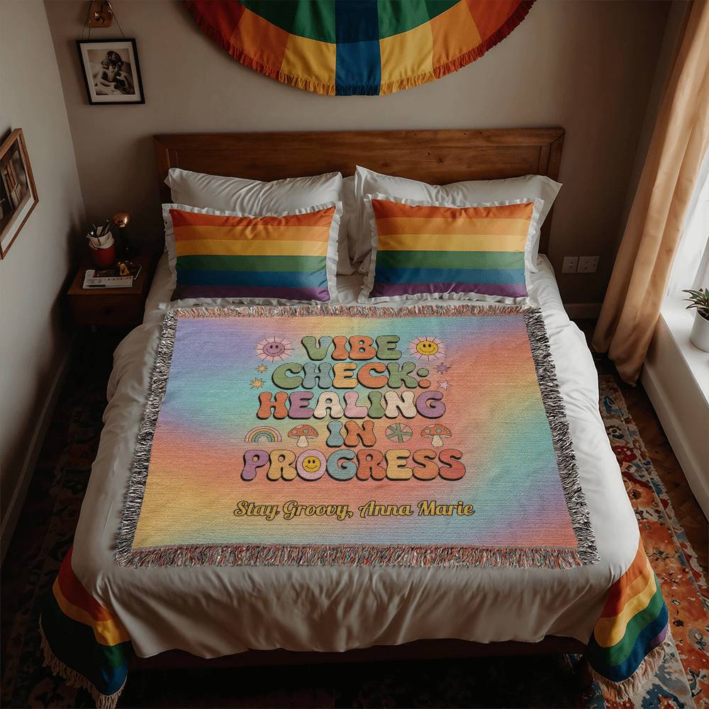 Vibe Check Healing in Progress woven blanket with mental health affirmation and custom name area