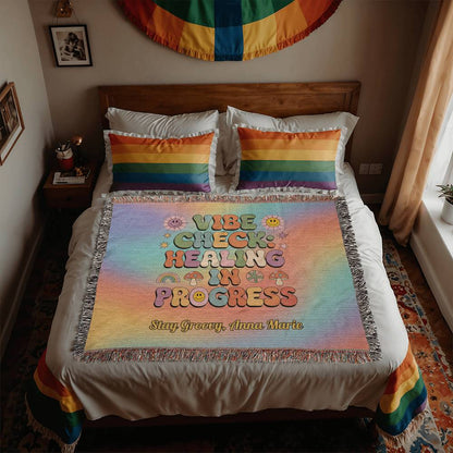 Vibe Check Healing in Progress woven blanket with mental health affirmation and custom name area