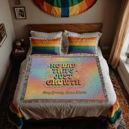 No Bad Trips Just Growth retro affirmation woven blanket personalized for therapy and burnout recovery