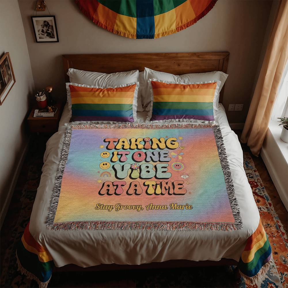 Taking It One Vibe at a Time personalized woven therapy blanket with retro mental health support message