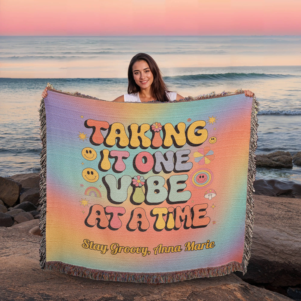 Taking It One Vibe at a Time personalized woven therapy blanket with retro mental health support message