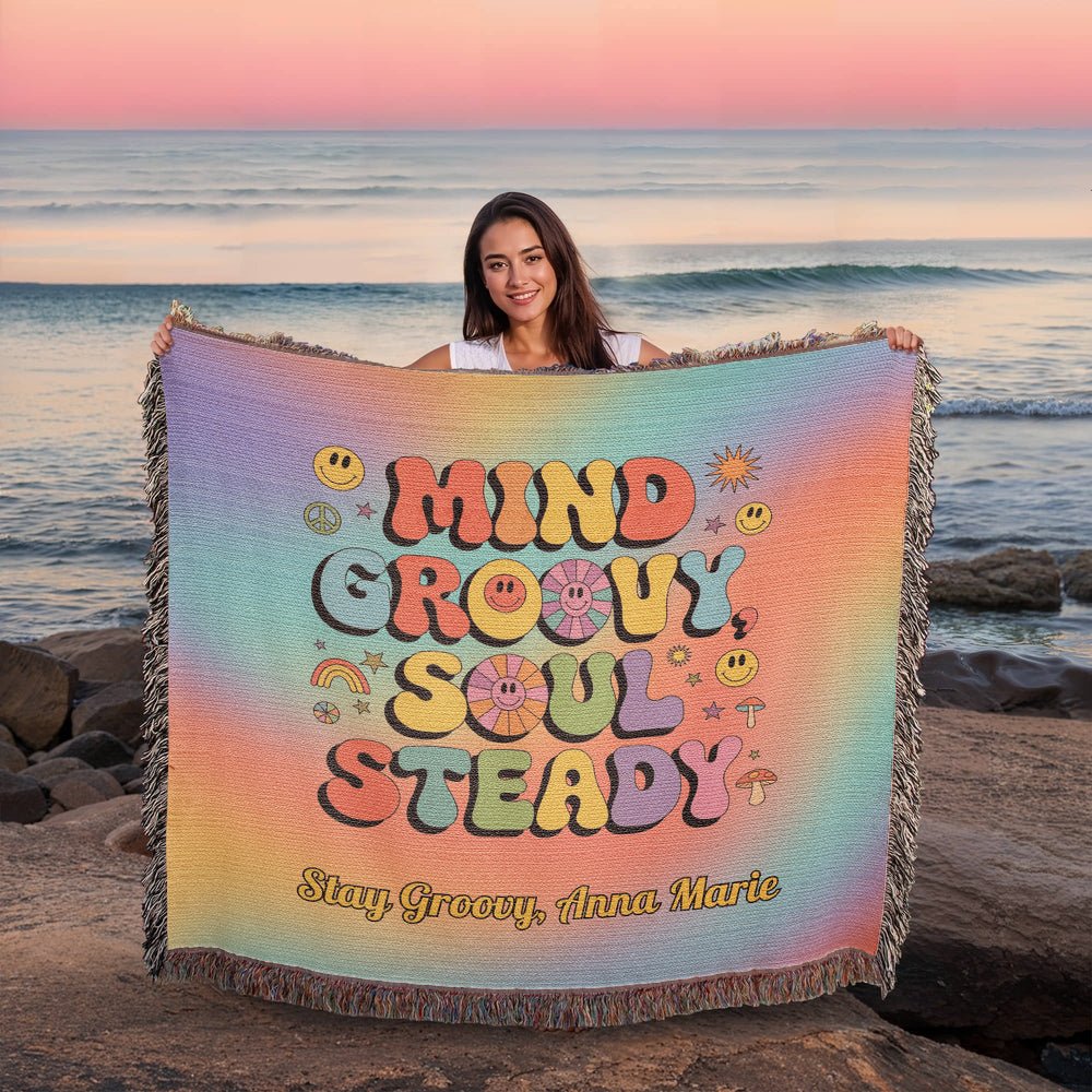 Mind Groovy, Soul Steady personalized woven blanket, retro mental health throw for comfort & calm - MySisterIsASurvivor