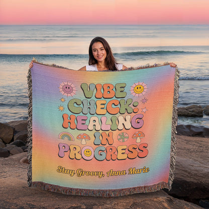 Vibe Check Healing in Progress woven blanket with mental health affirmation and custom name area