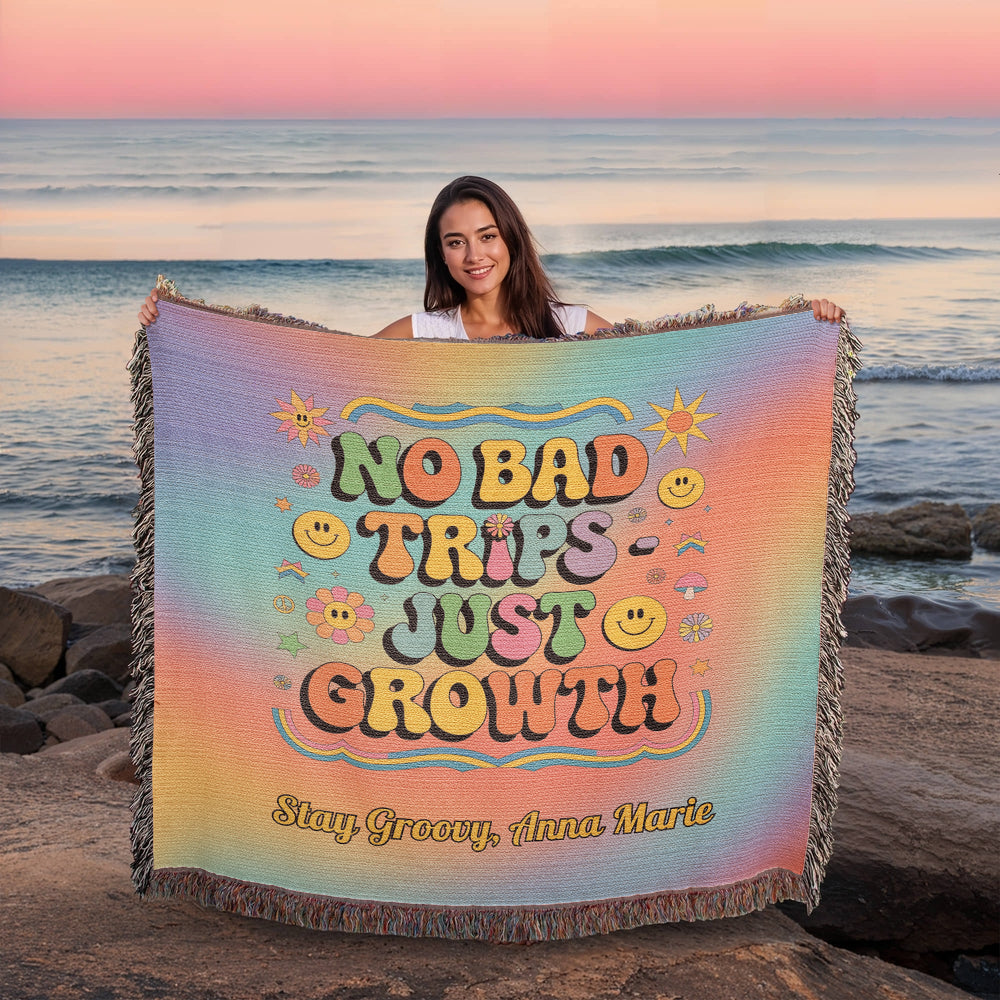 No Bad Trips Just Growth retro affirmation woven blanket personalized for therapy and burnout recovery