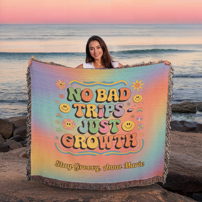 No Bad Trips Just Growth retro affirmation woven blanket personalized for therapy and burnout recovery