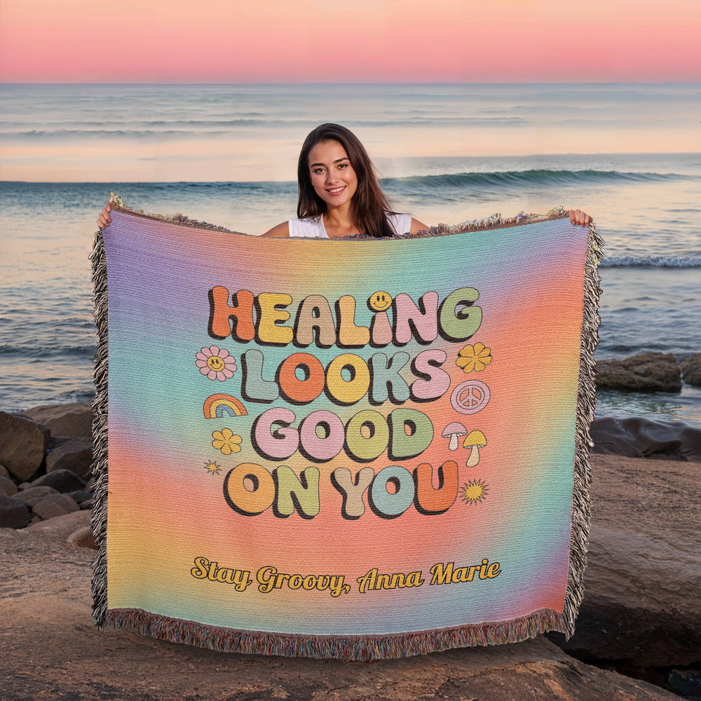 Healing Looks Good on You woven throw blanket with custom personalization and bold retro mental health design