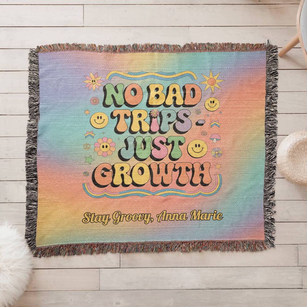No Bad Trips Just Growth retro affirmation woven blanket personalized for therapy and burnout recovery