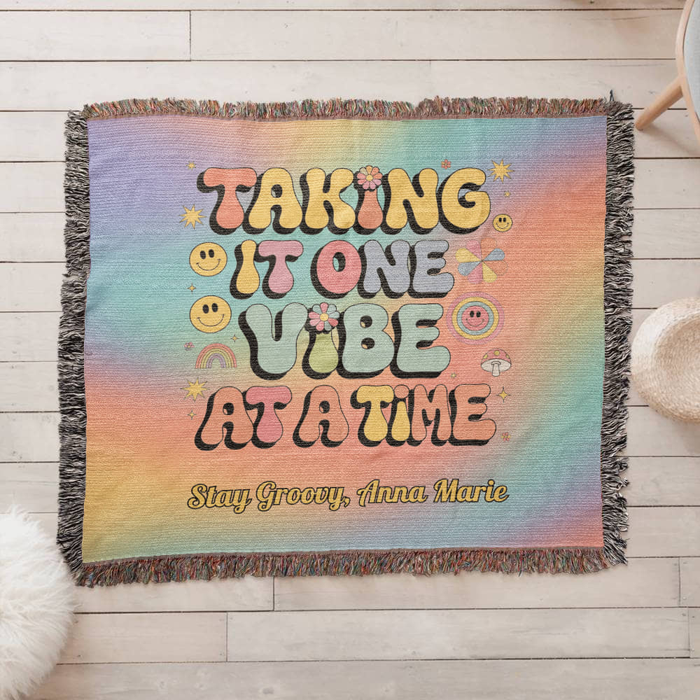 Taking It One Vibe at a Time personalized woven therapy blanket with retro mental health support message