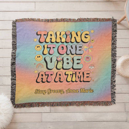Taking It One Vibe at a Time personalized woven therapy blanket with retro mental health support message