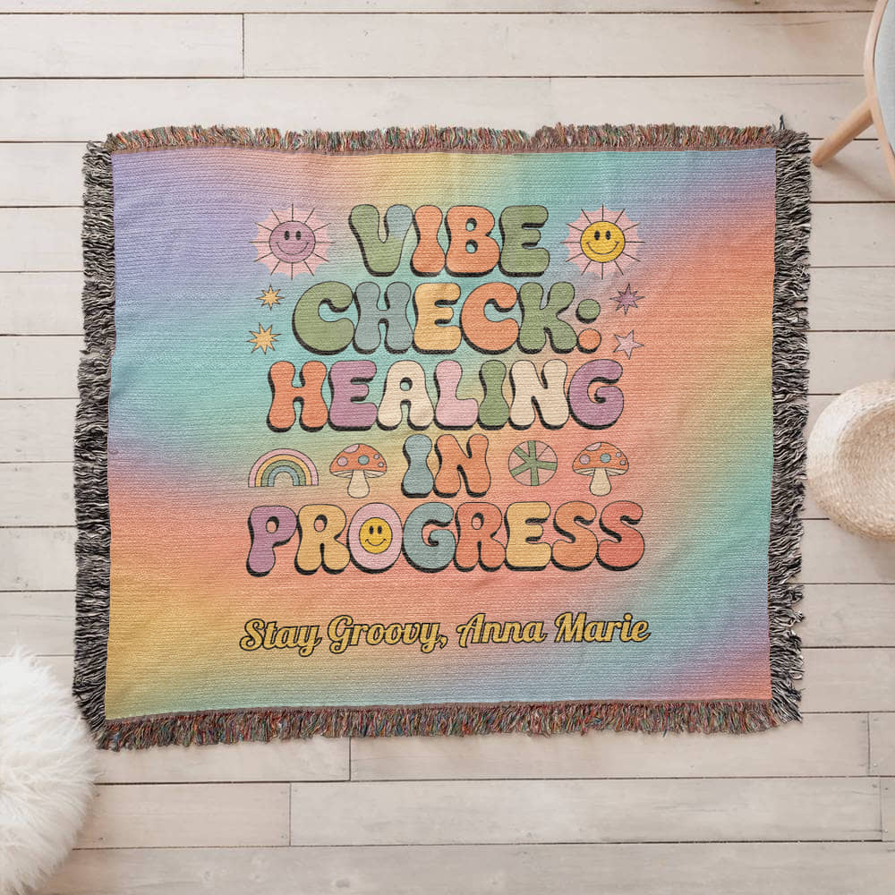 Vibe Check Healing in Progress woven blanket with mental health affirmation and custom name area