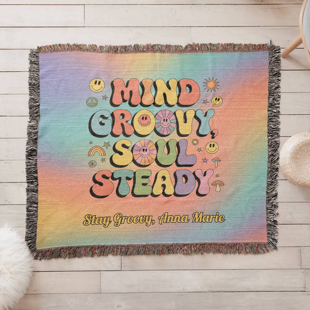 Mind Groovy, Soul Steady personalized woven blanket, retro mental health throw for comfort & calm - MySisterIsASurvivor