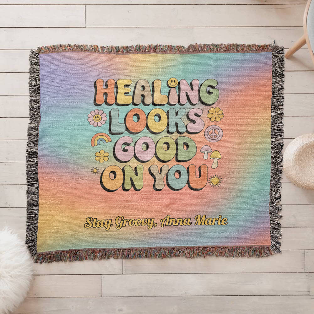 Healing Looks Good on You woven throw blanket with custom personalization and bold retro mental health design