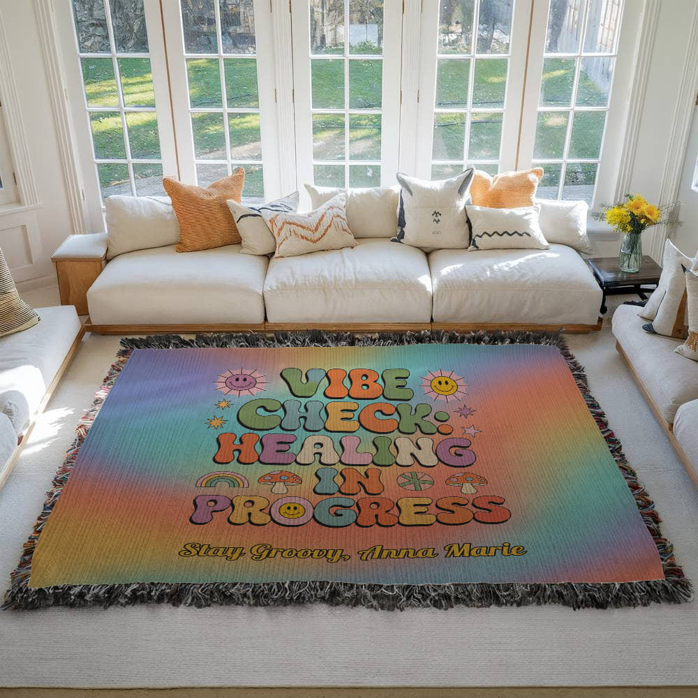 Vibe Check Healing in Progress woven blanket with mental health affirmation and custom name area