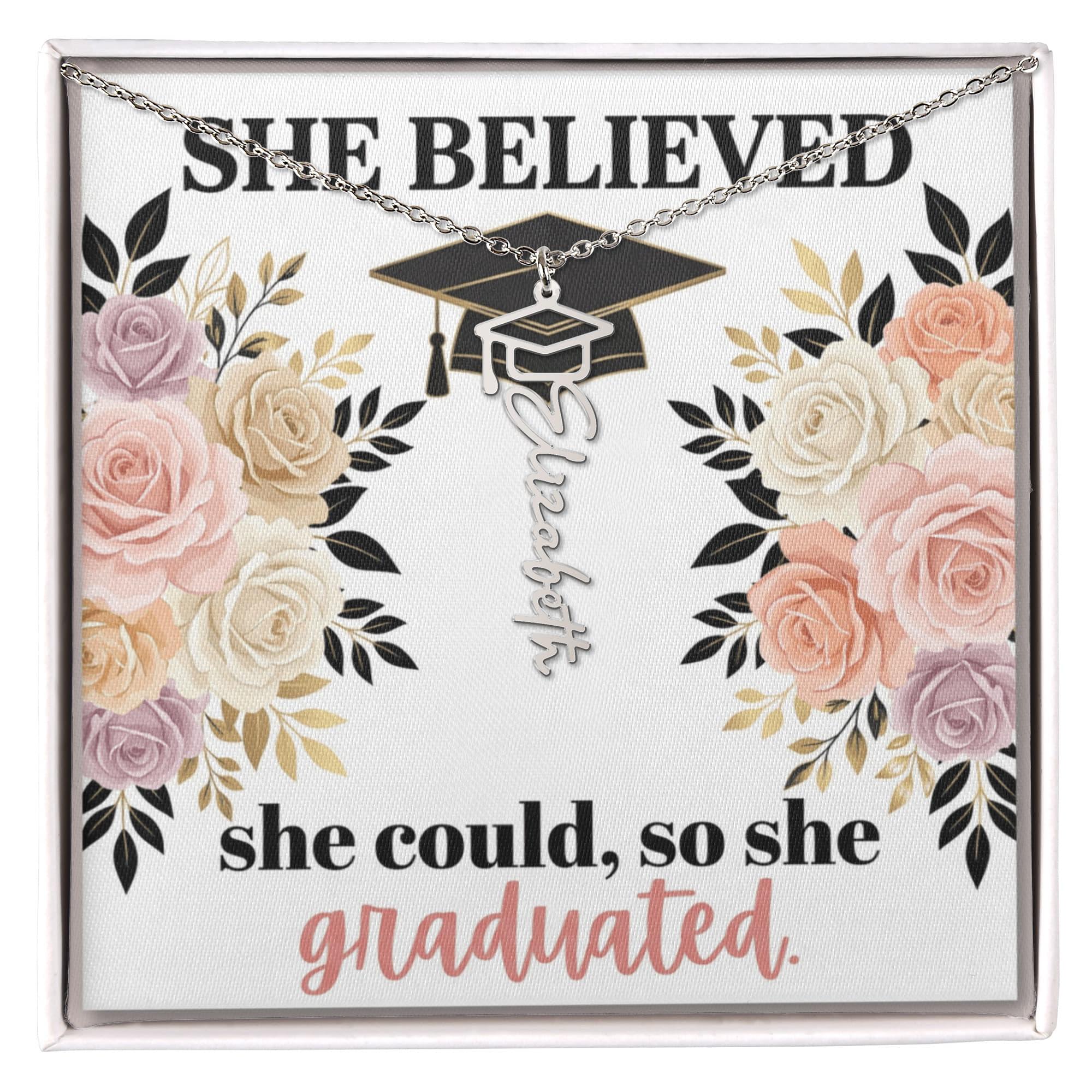 Shop our proof that strength and perseverance win graduation cap name necklace featuring the Polished Stainless Steel style option from MySisterIsASurvivor.