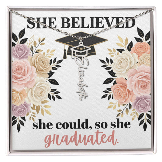 Shop our proof that strength and perseverance win graduation cap name necklace featuring the Polished Stainless Steel style option from MySisterIsASurvivor.