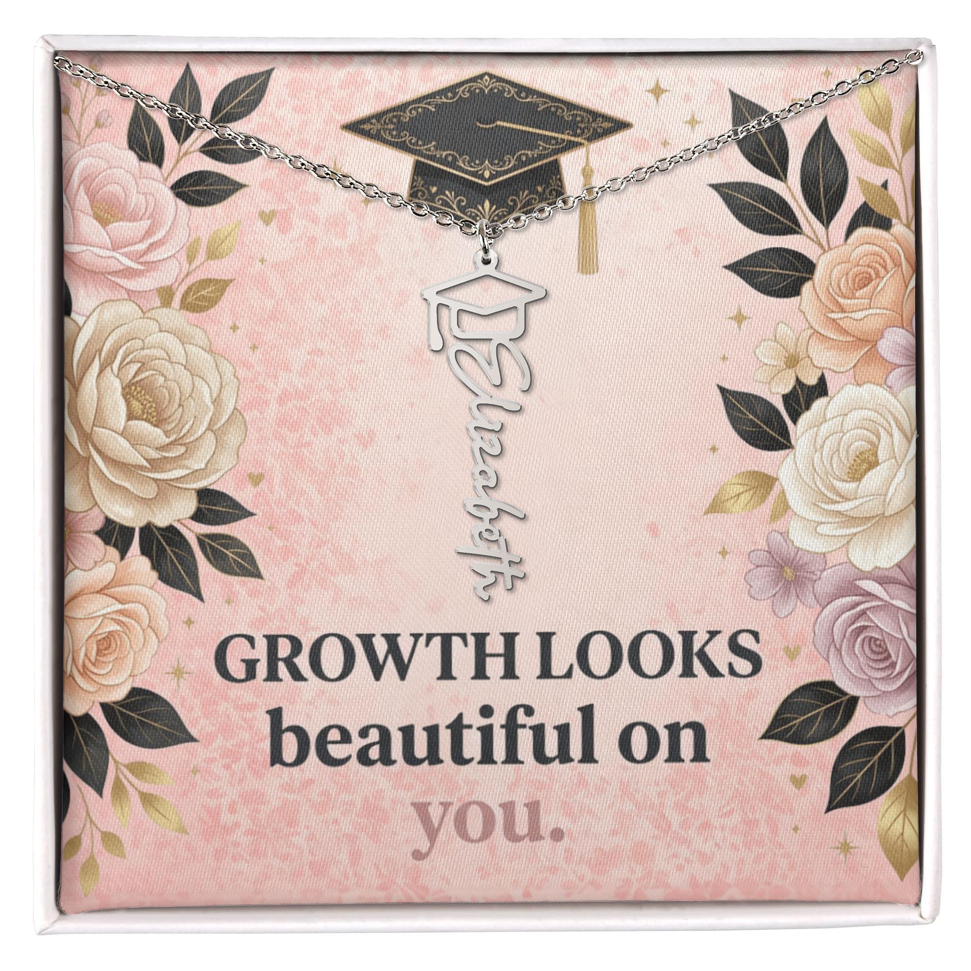 Shop our premium growth looks beautiful on you graduation cap name necklace from MySisterIsASurvivor.