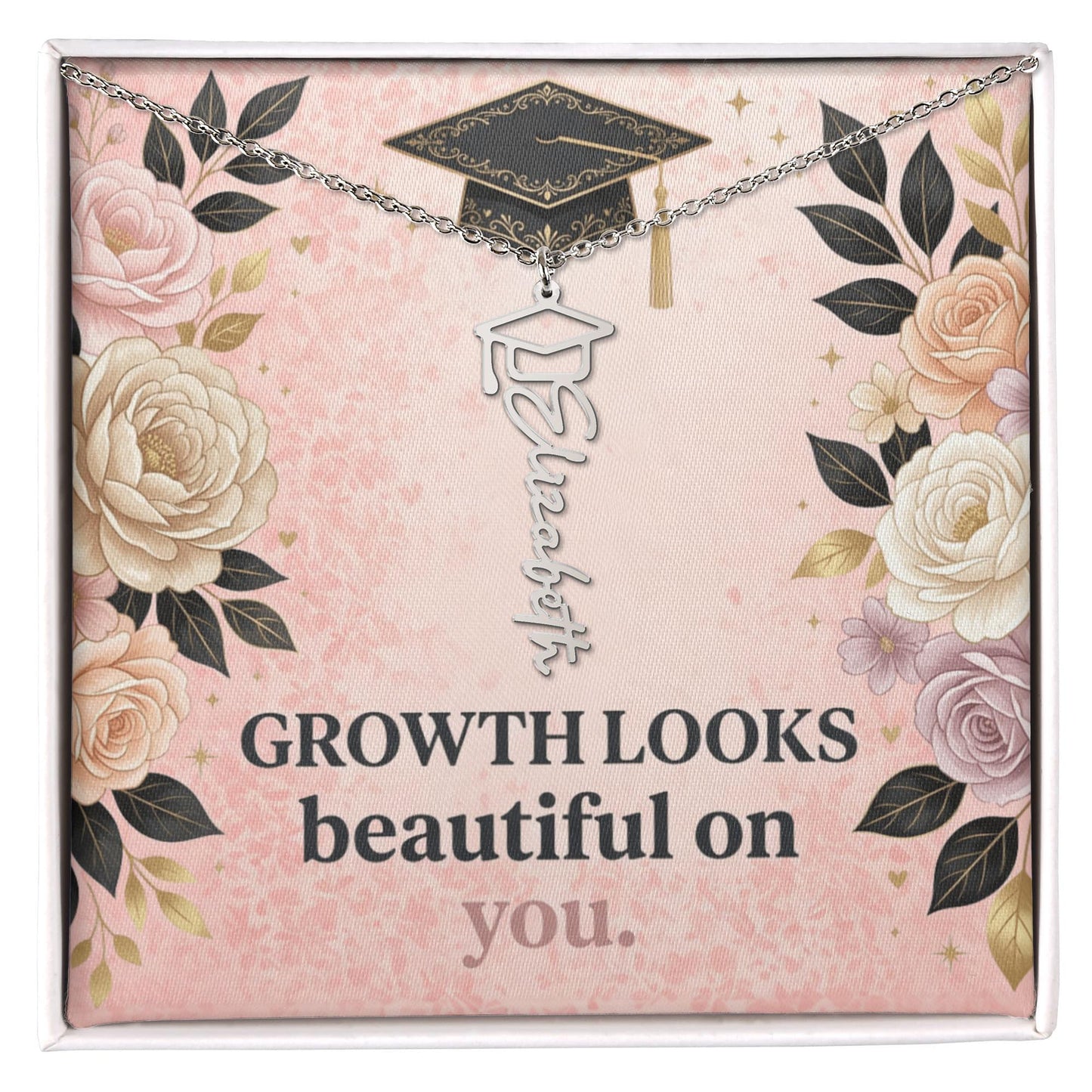 Shop our premium growth looks beautiful on you graduation cap name necklace from MySisterIsASurvivor.