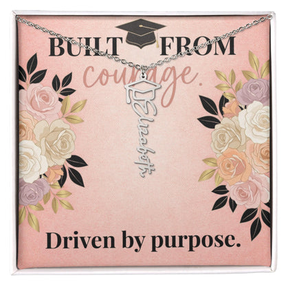 Shop our built from courage driven by purpose graduation cap name necklace featuring the Polished Stainless Steel style option from MySisterIsASurvivor.
