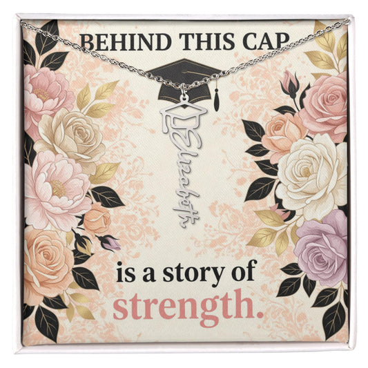 Shop our behind this cap is a story of strength graduation cap name necklace featuring the Polished Stainless Steel style option from MySisterIsASurvivor.