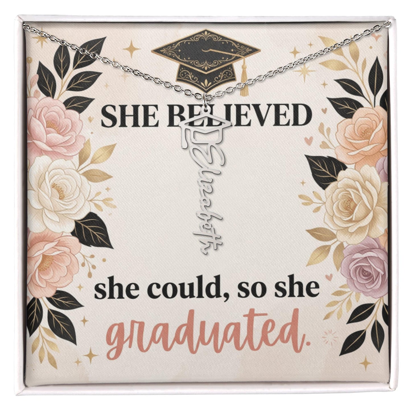 Shop our she believed she could so she graduated graduation cap name necklace featuring the Polished Stainless Steel style option from MySisterIsASurvivor.
