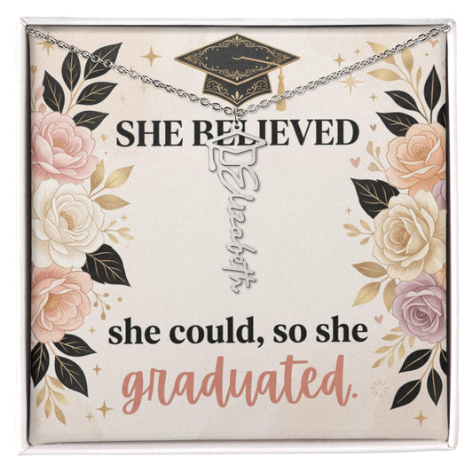 Shop our she believed she could so she graduated graduation cap name necklace featuring the Polished Stainless Steel style option from MySisterIsASurvivor.