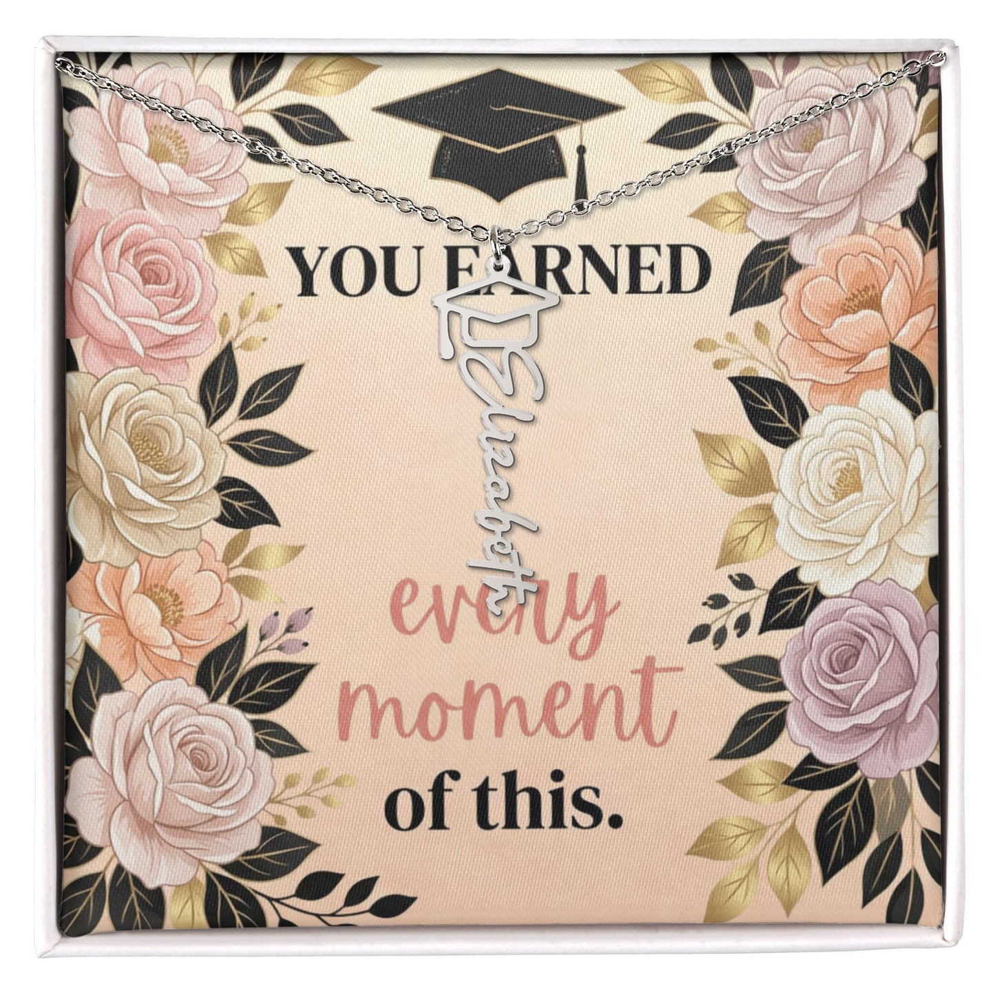 Shop our you earned every moment of this graduation cap name necklace featuring the Polished Stainless Steel style option from MySisterIsASurvivor.