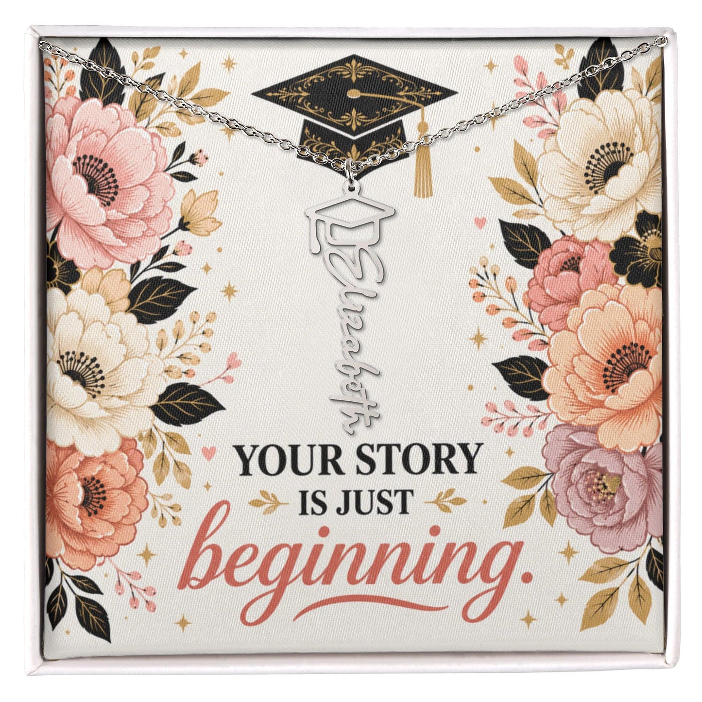 Shop our your story is just beginning graduation cap name necklace featuring the Polished Stainless Steel style option from MySisterIsASurvivor.