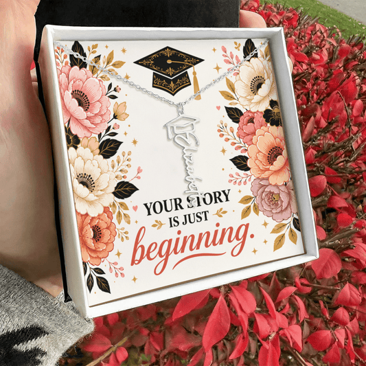 Shop our your story is just beginning graduation cap name necklace featuring the Polished Stainless Steel style option from MySisterIsASurvivor.