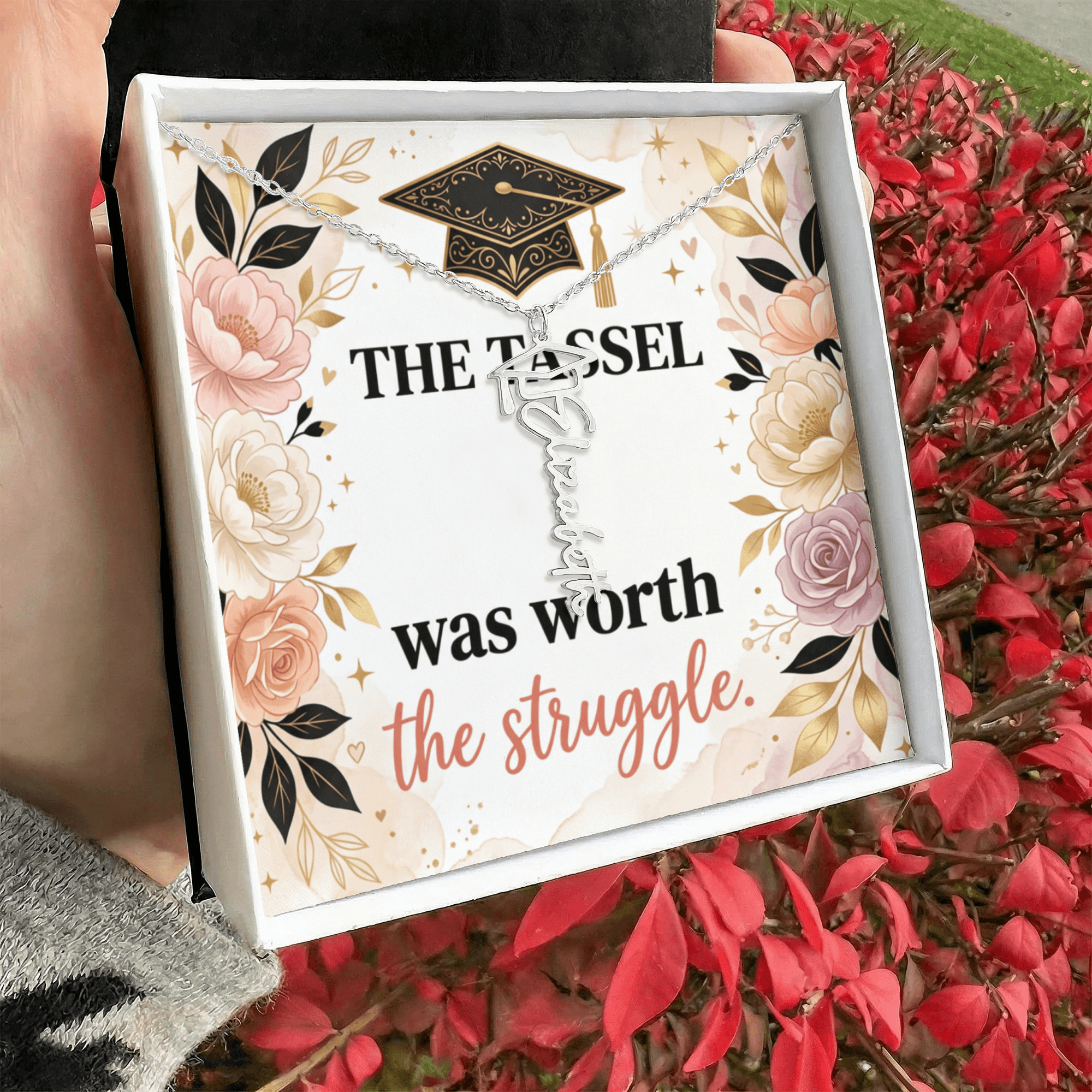 Shop our the tassel was worth the struggle graduation cap name necklace featuring the Polished Stainless Steel style option from MySisterIsASurvivor.
