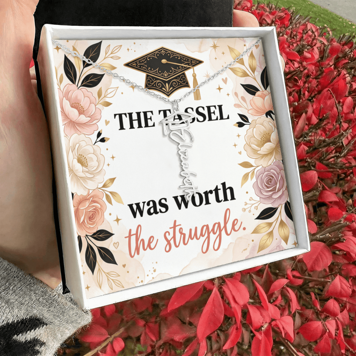 Shop our the tassel was worth the struggle graduation cap name necklace featuring the Polished Stainless Steel style option from MySisterIsASurvivor.