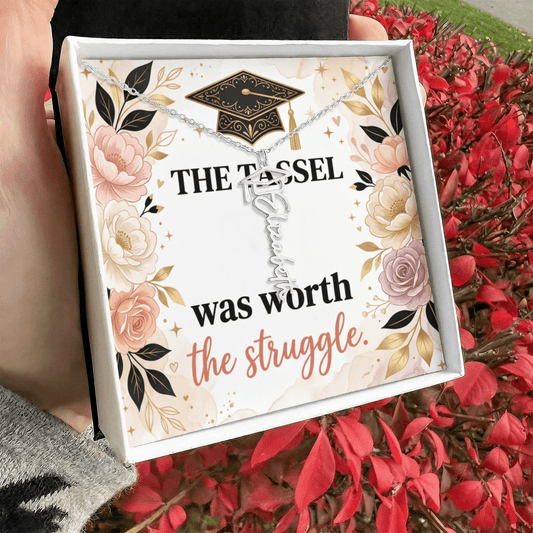 Shop our the tassel was worth the struggle graduation cap name necklace featuring the Polished Stainless Steel style option from MySisterIsASurvivor.