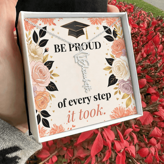 Shop our be proud of every step it took graduation cap name necklace featuring the Polished Stainless Steel style option from MySisterIsASurvivor.