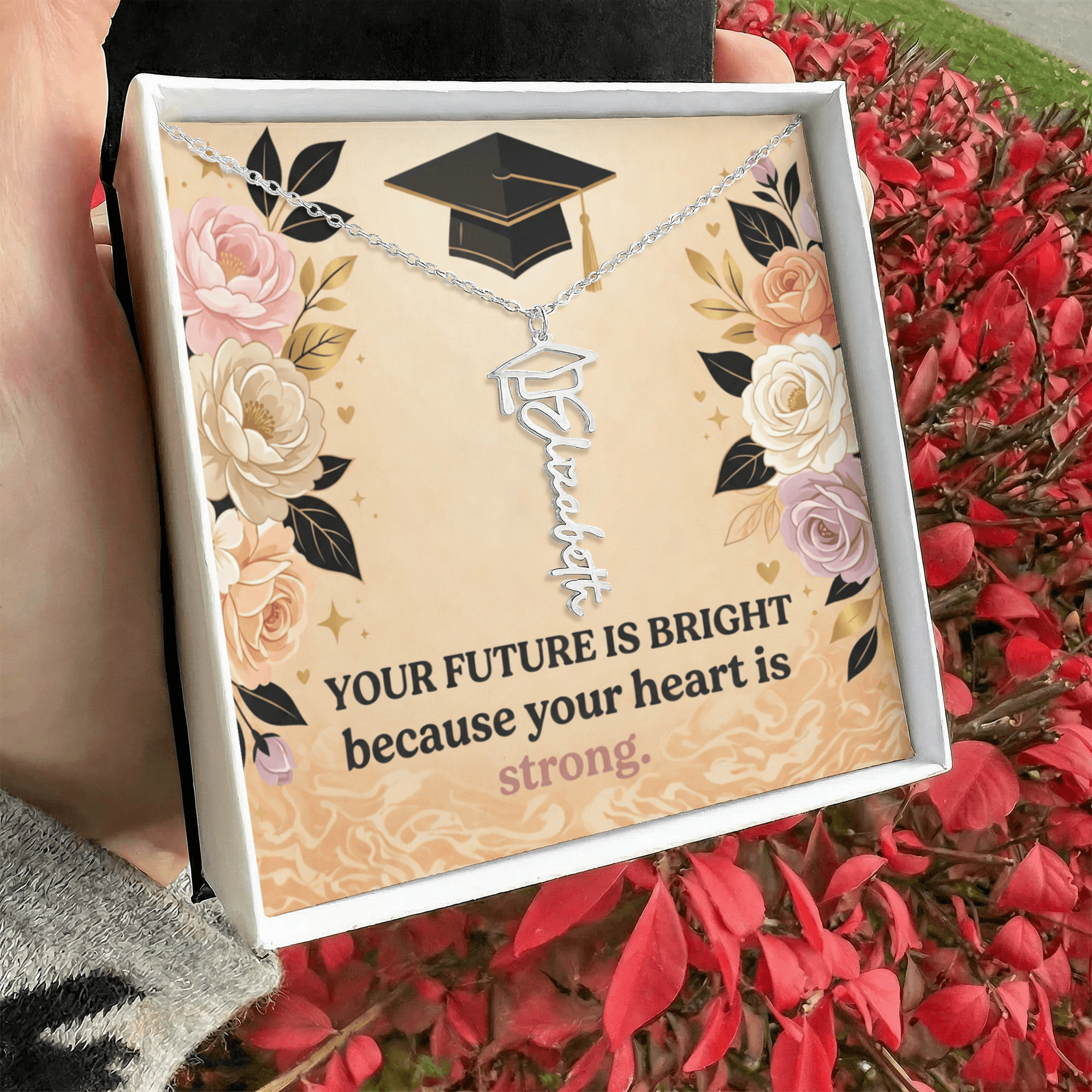 Shop our premium your future is bright because your heart is strong graduation cap name necklace from MySisterIsASurvivor.
