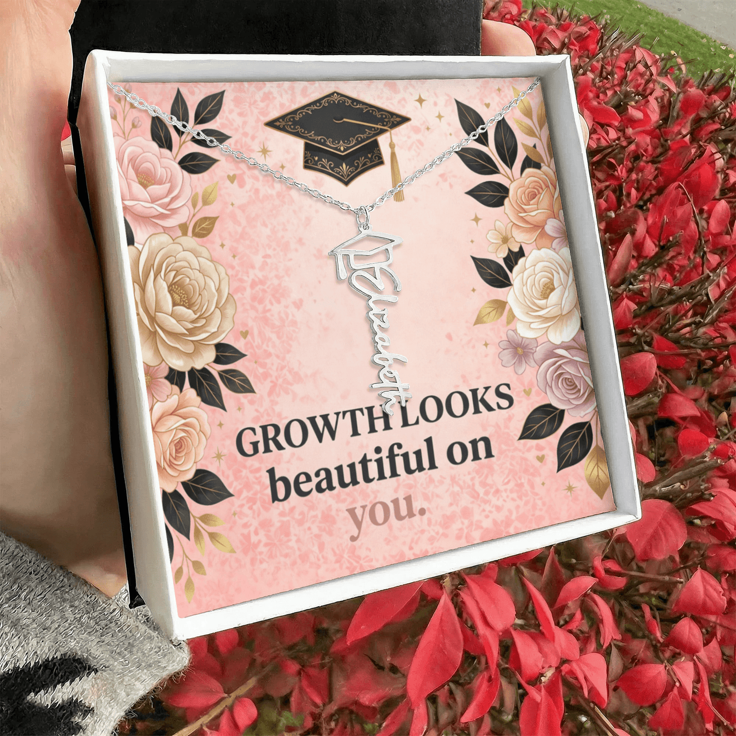 Shop our premium growth looks beautiful on you graduation cap name necklace from MySisterIsASurvivor.